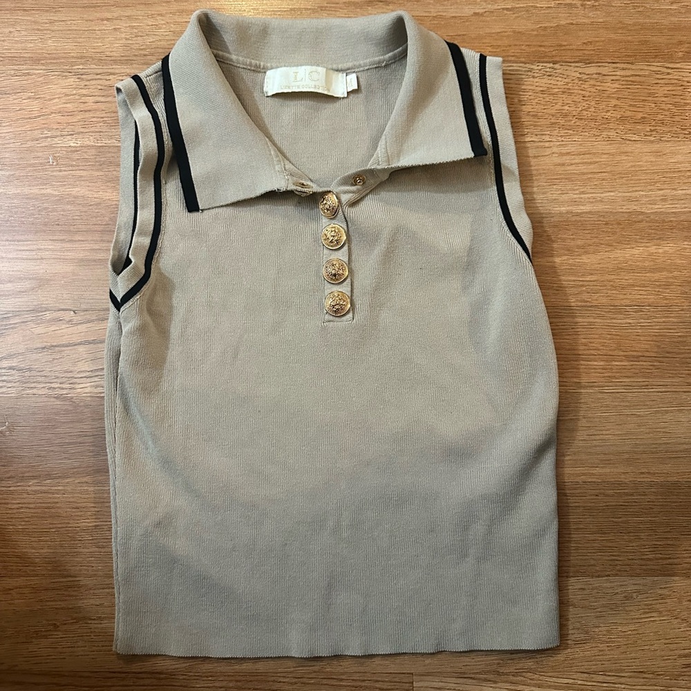 Sleeveless Polo Tank Top with Gold Buttons - Beige